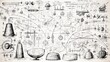 A sketch-filled image, showcasing intricate vintage drawings of various inventions and scientific concepts on a worn paper background