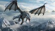 This image captures a grey dragon in mid-flight, gliding low over sharp, snow-capped mountains