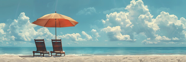 Wall Mural - Two outdoor chairs and an umbrella sit on the sandy beach, under the azure sky with fluffy clouds. The view is serene and perfect for a relaxing vacation