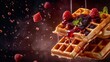 Belgian waffles with berries and jam, flying ingredients. Tasty breakfast concept.