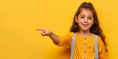 Adorable young girl in a yellow shirt points finger to the right. Copy space for advertising, promotion, publication