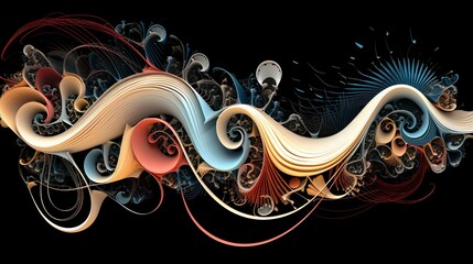 Canvas Print - elegant, dynamic fractal waves with a mix of cool and warm colors against a black background, creati
