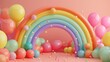 This 3D rendering features a sweet rainbow arch frame with candy ballloons as a backdrop. The background is rainbow-colored.