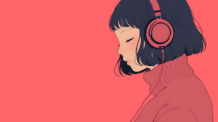 Chill Anime girl listening  lofi music with headphones background . generative ai