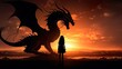 A grand dragon stands facing a young girl during the twilight hour, conveying a mix of danger and wonder