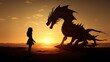 © Damerfie - A fierce dragon snarls at a fearless girl against the backdrop of a vivid sunset, evoking a sense of courage