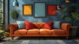 Fototapeta  - Modern creative living room interior design backdrop ideas concept house beautiful background elevation of sofa with decorative photo paint frame full wall background. Design concept.