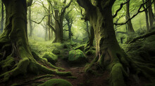 A Mystical, Green Forest With Moss-covered Trees And Rocks, Illuminated By Soft, Diffused Light Creating A Serene Atmosphere