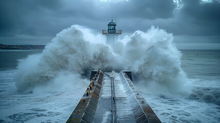 Wall Mural - Ocean waves on lighthouse.