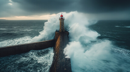 Wall Mural - Ocean waves on lighthouse.