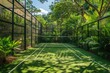 A tennis court nestled within a lush green landscape of trees and plants, providing a tranquil and idyllic setting for a game in natures serene oasis.