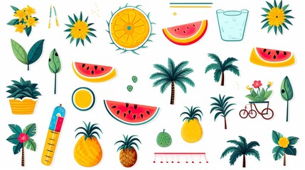 A vibrant collection of tropical fruits like watermelons, oranges, and sunflowers, complemented by palm trees and plant illustrations