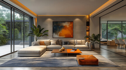 Wall Mural - Modern creative living room interior design backdrop ideas concept house beautiful background elevation of sofa with decorative photo paint frame full wall background. Design concept.