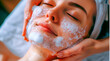 A plush foam facial mask is expertly applied in a spa, reflecting a sanctuary of peace and a deep commitment to skin health and beauty. Banner. Copy space