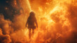 Astronaut walks on a burning exploding space planet. Illustration for a fantastic story about a hero in space.