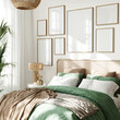 Gallery frame mockup, Home interior background, modern bedroom, 3D render