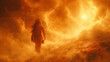 Hero astronaut woman view from the back, she walks on a burning space planet. Illustration for a fantastic story about space.