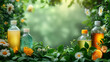 Eco friendly cosmetics. Bottles of shampoos or detergent surrounded by green leaves and chamomile flowers. Concept for inserting advertising text about hygiene.