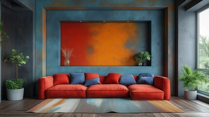 Wall Mural - Modern creative living room interior design backdrop ideas concept house beautiful background elevation of sofa with decorative photo paint frame full wall background. Design concept.