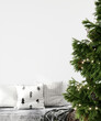 Christmas home interior background in modern style, blank wall, 3D render