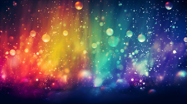 LGBT colorful holiday background with shiny falling particles, rainbow colorful abstract graphics and bokeh for vibrant design. A sparkling rainbow. Bokeh background