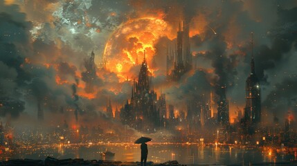 A sci-fi scene showing a man holding a magic umbrella destroying a futuristic city, painted in a digital art style.