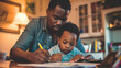Black African American man is engaged in explaining homework and concepts with his young son at the table in warm lighting. Home online learning. Banner. Copy space