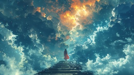 Wall Mural - Young woman standing on broken stairs, illustration painting in digital style