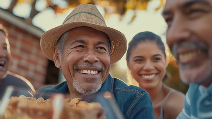 Happy latino friends, family or neighborhood meeting outdoors with apple pie, wine glasses a middle aged man wearing straw hat in focus smiling with healthy toothy teeth smile