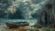 Illustration of the abandoned boat at the shore near the mystery door, digital art style