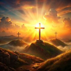 Sticker - rays of sunlight burst forth from behind a large cross, which is centrally positioned on a hilltop and accompanied by two smaller crosses in the distance.