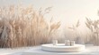 3d rendering of a natural beauty podium backdrop with a winter grass field scene.