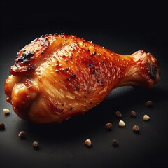 Wall Mural - Roast chicken leg garnished isolated in black background. Grill roast bbq chicken drumstick.