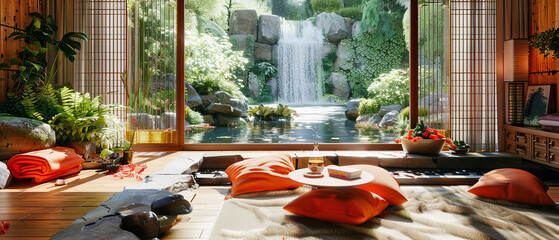 Wall Mural - Traditional Japanese Garden with Cascading Waterfall, Tranquil Pond, and Stone Pathways, Encapsulating the Essence of Zen Beauty