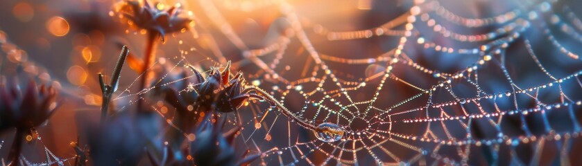 Explore the intricate beauty of morning dew on spider webs through stunning macro photography.