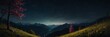 spring holidays in night flowery mountain range panoramic wide angle from Generative AI