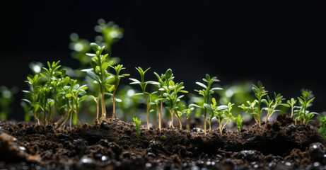 Sprouting young plants in dark soil