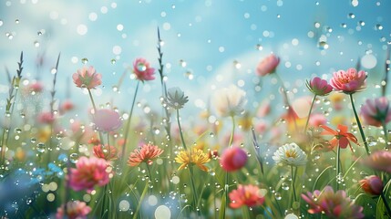 Wall Mural - 3D rendering of an abstract spring flower landscape scene with water bubbles.