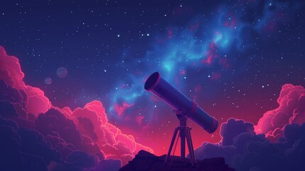 Wall Mural - Astronomy: A 3D vector illustration of a telescope pointing towards a starry sky