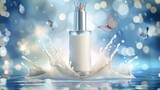 The background has a realistic blurred appearance that shows milk cosmetics. This mock-up promo poster shows white body lotion in a bottle with a silver dispenser in a milk splash, and a crown with