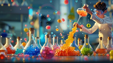 Canvas Print - Chemistry: A 3D vector illustration of a scientist pouring colorful liquids into beakers