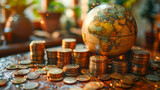 Fototapeta  - Globe and coins on table in library, closeup. Travel concept