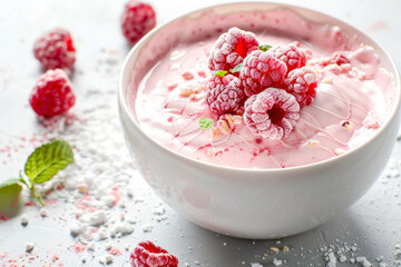 Sticker - Close up of healthy yogurt and fruit smoothie bowl decorated with raspberry.