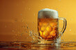 beer in a mug splashing on vibrant background