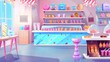 An empty candy shop interior with various pastry, a cashier desk, shelves and tables with chocolate, candycanes and lollipops for sale, and glass tubes filled with bubble gum or sweets.