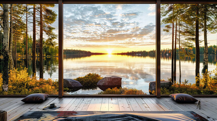 Wall Mural - Tranquil Lake at Sunset Surrounded by Lush Forests, Offering a Stunning and Peaceful Natural Retreat for Relaxation