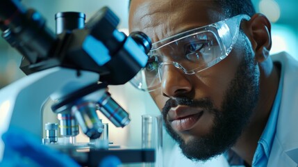 Wall Mural - Laboratory Research: A researcher looking through a microscope at a biological sample