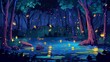 Modern cartoon illustration of swamp, water lilies, tree trunks, and rocks. Illustration depicting a swamp, water lily, tree trunk, and rock in a tropical forest at night.