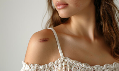 Insurance close-up photo of a young womans scar, isolated white background.