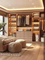 Wall Mural - A clean and tidy look of a wardrobe with clothes, a luxurious dressing room with many shelves, in a modern home. Order, storage of things concept.